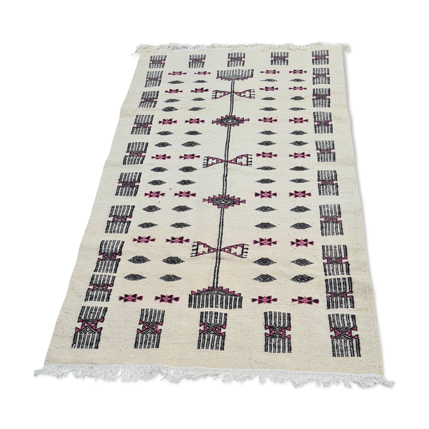 Hand-made black and pink white wool rug  210x105cm