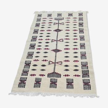 Tapis blanc noir et rose fait main en pure laine 210x105cm