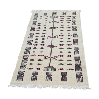 Tapis blanc noir et rose fait main en pure laine 210x105cm