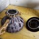 Vallauris ceramic sugar bowl, burgundy and gilded, by Marius Giuge