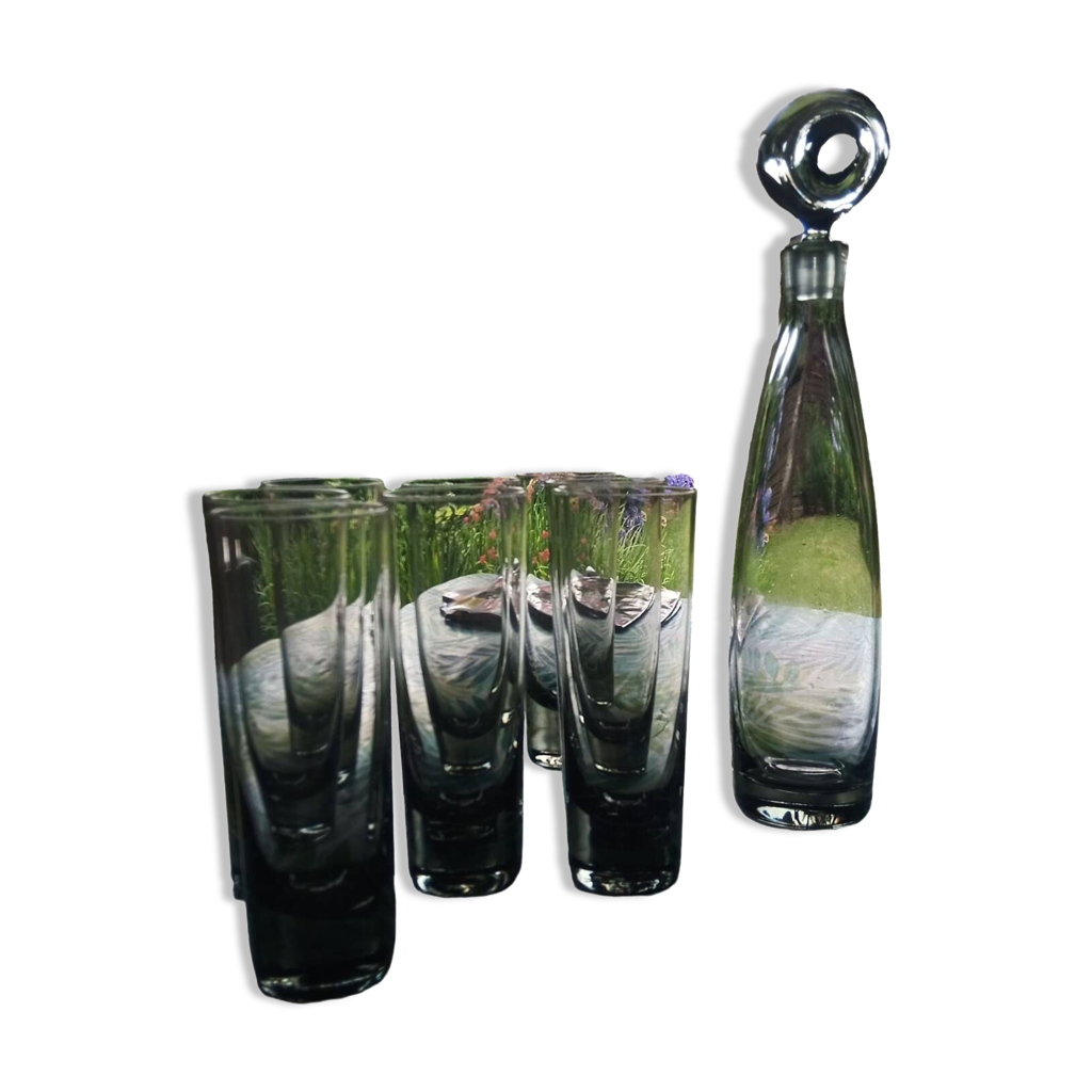 Lot Vintage Années 60 : Carafe à Pompe Atomique Et Verres - Verre Owens-Illinois