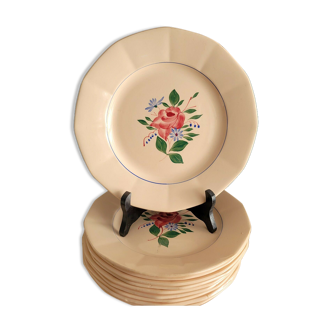 10 vintage plates Digoin Sarreguemines France 9177 pink earthenware decoration flowers