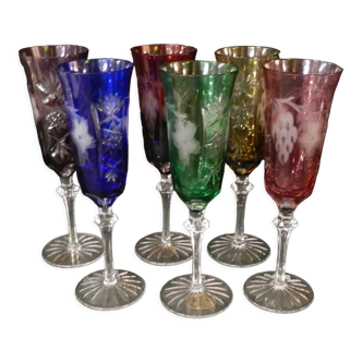 6 colored champagne flutes in Paris Crystal