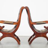 Set of 2 Green Leather English Chesterfield Armchairs Combined with wood