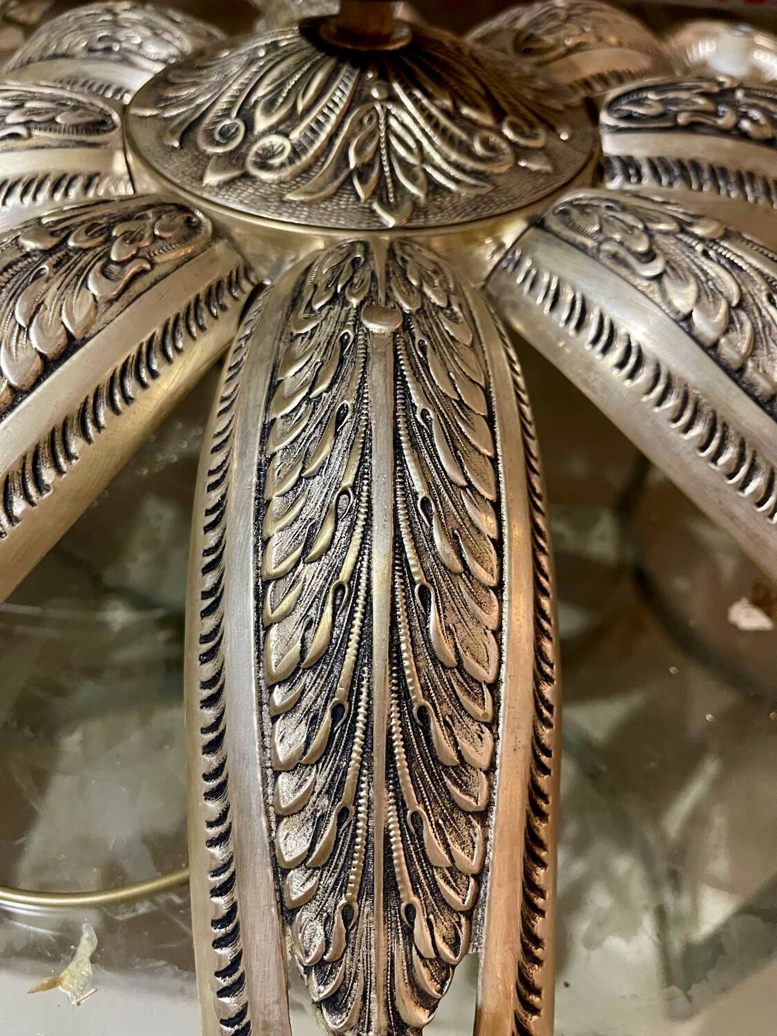 Art Deco ceiling light in bronze with 9 glass globes, France 1935