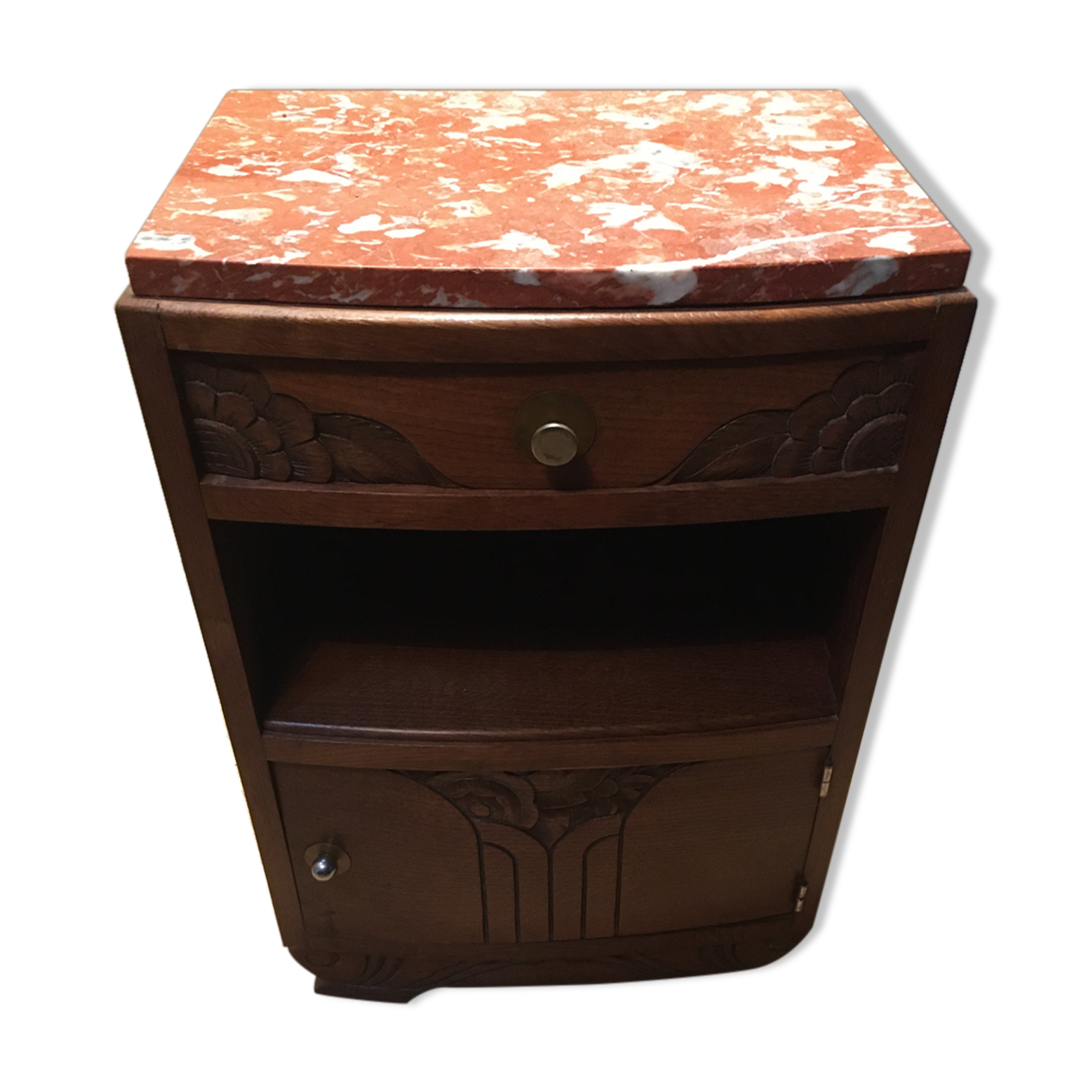 Solid oak bedside table with brown and white marble.