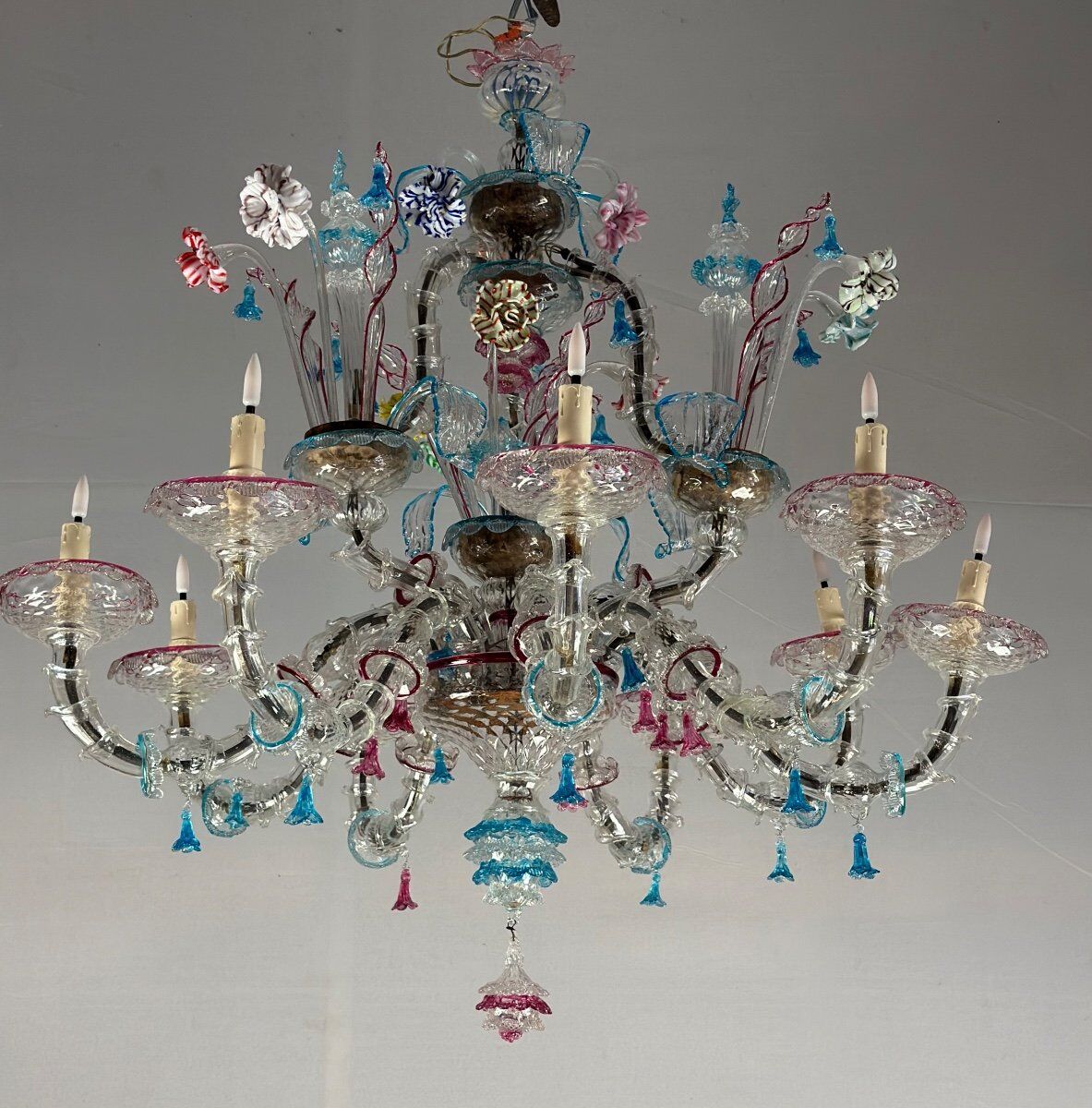 Venetian chandelier rezzonico in multicolored murano glass circa 1920