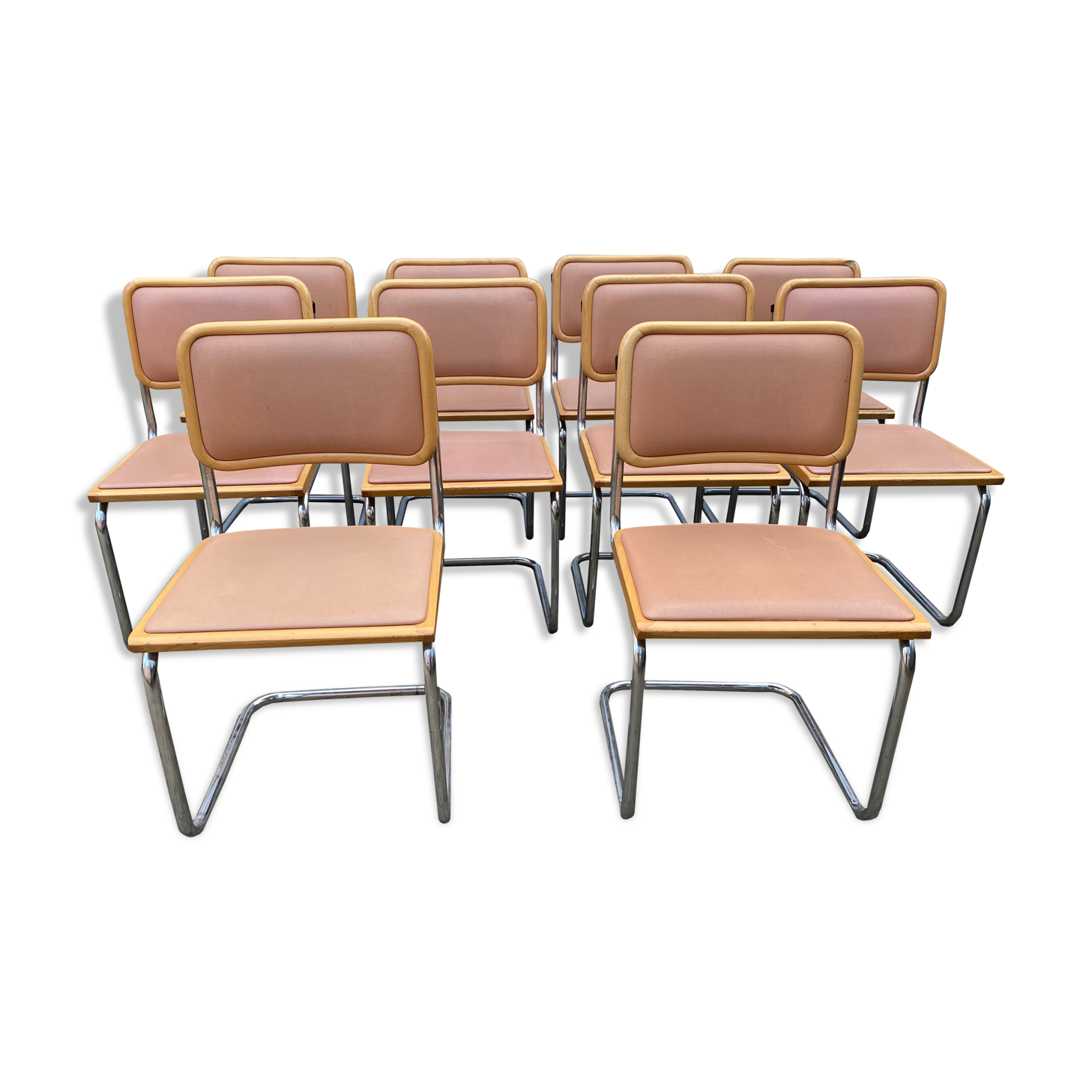 Set of 10 vintage chairs Marcel Breuer cesca b32 wood and skaï 1960