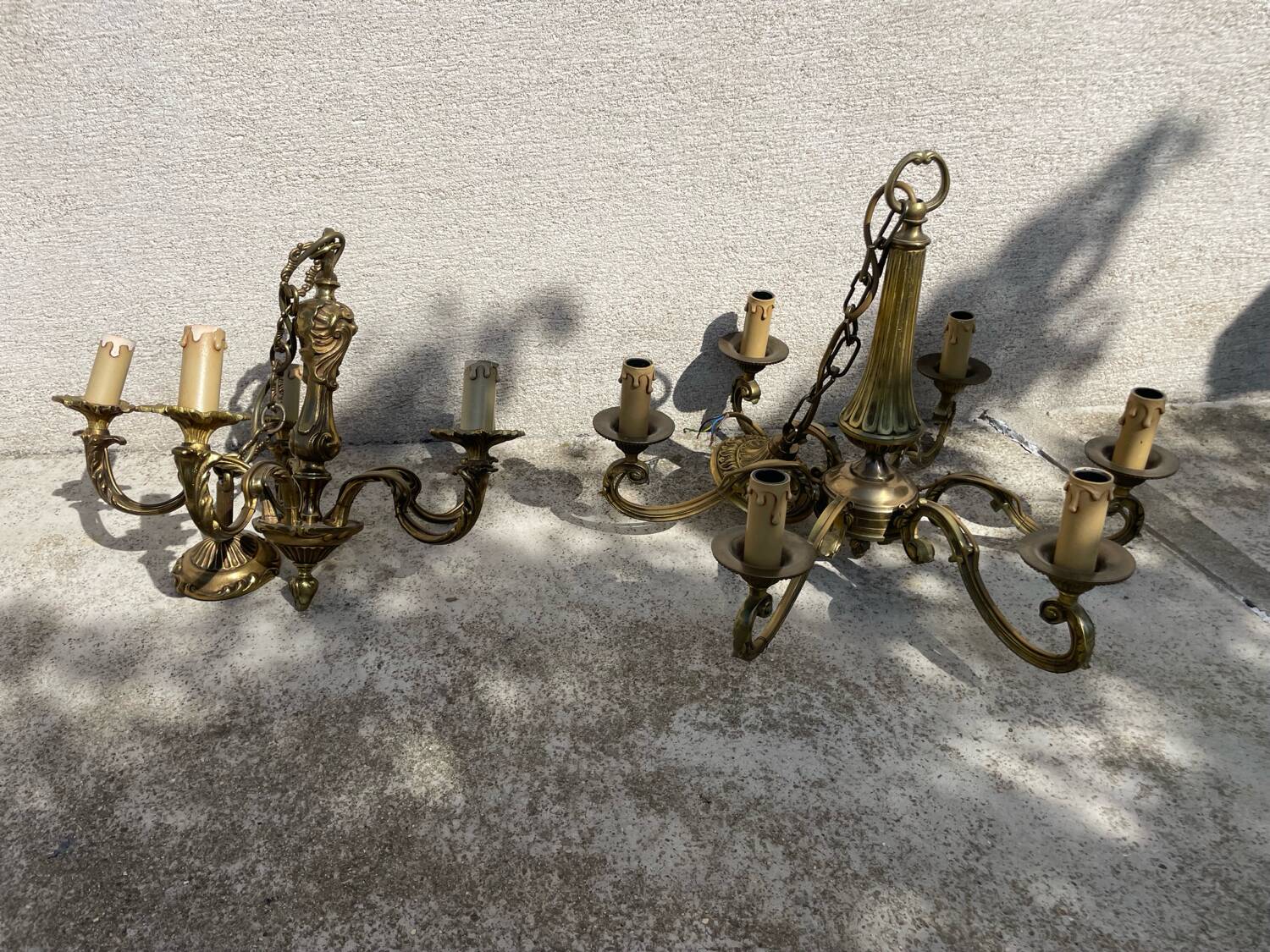 2 Louis XV brass chandeliers with 5 and 6 bulbs