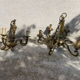 2 Louis XV brass chandeliers with 5 and 6 bulbs