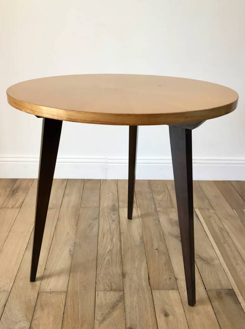 Tripod coffee table in wood and two-tone marquetry Scandinavian design 50s-60s