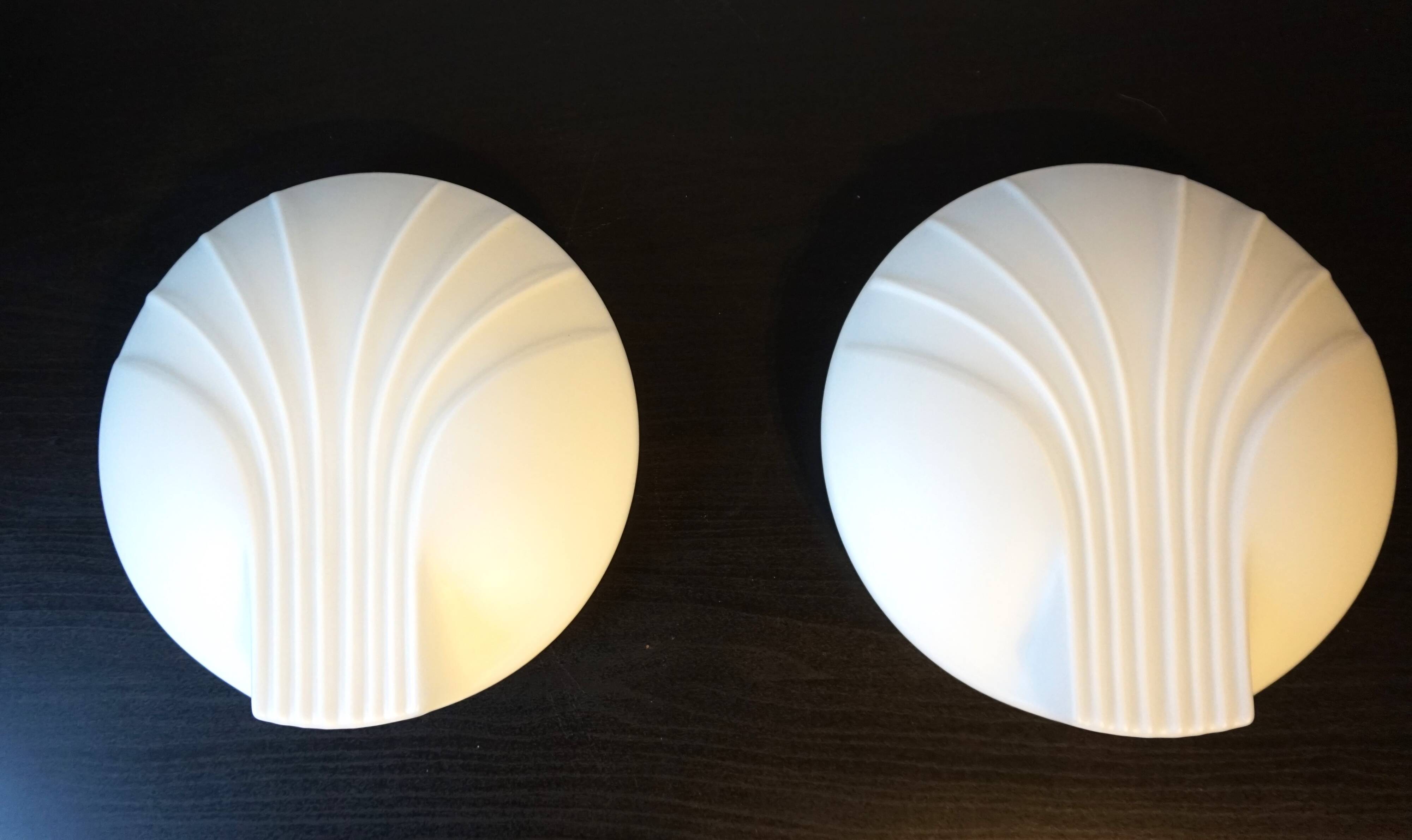 Set of 2 Hillebrand Art Deco shell opal glass wall lamps, 1960