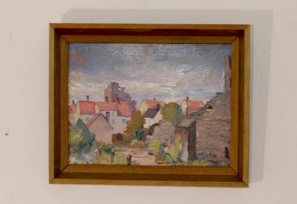 Huile sur panneau suédoise originale du milieu du siècle « Visby City » par ER.OLSSON