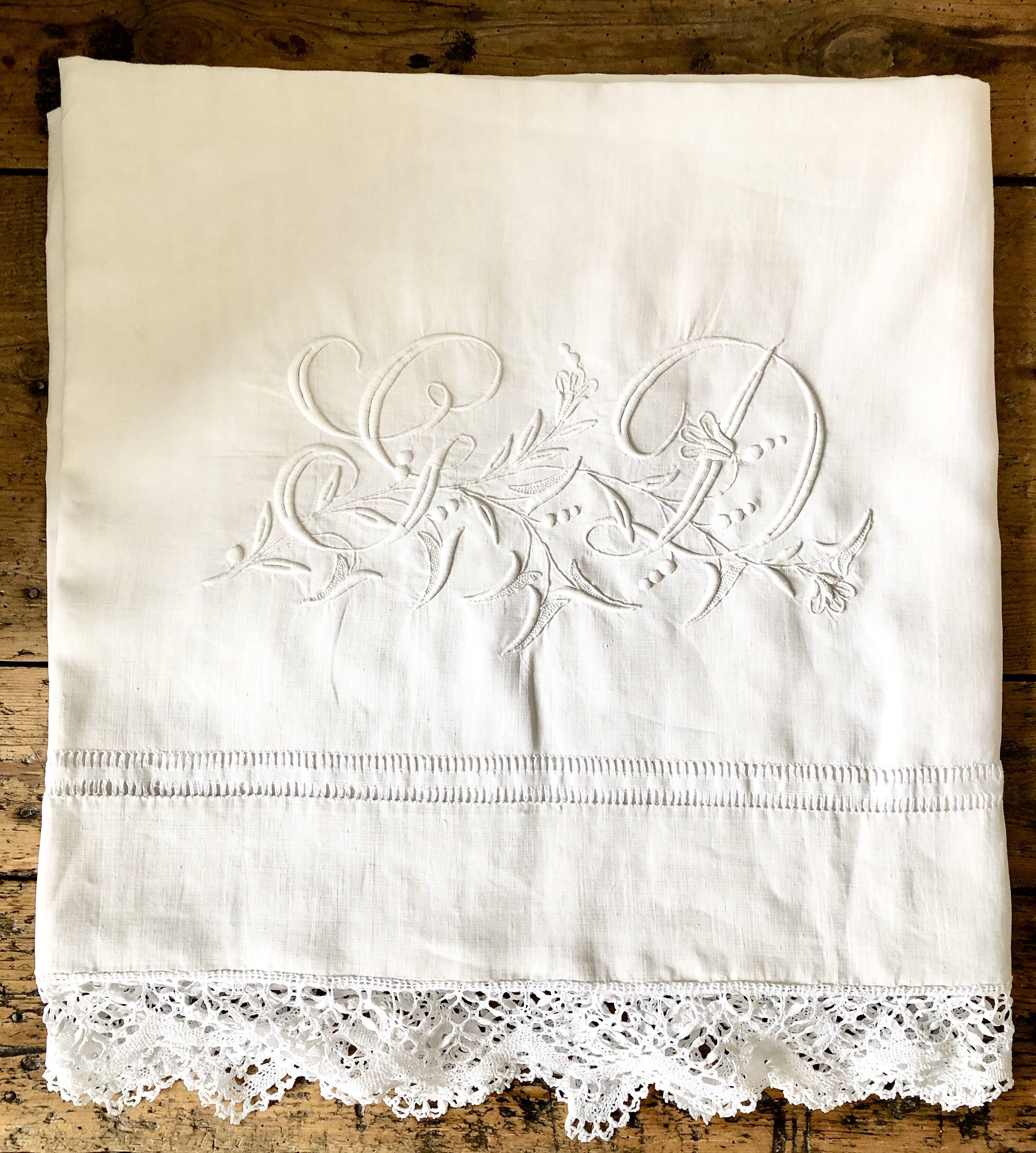 Old pure linen sheet embroidered and monograms