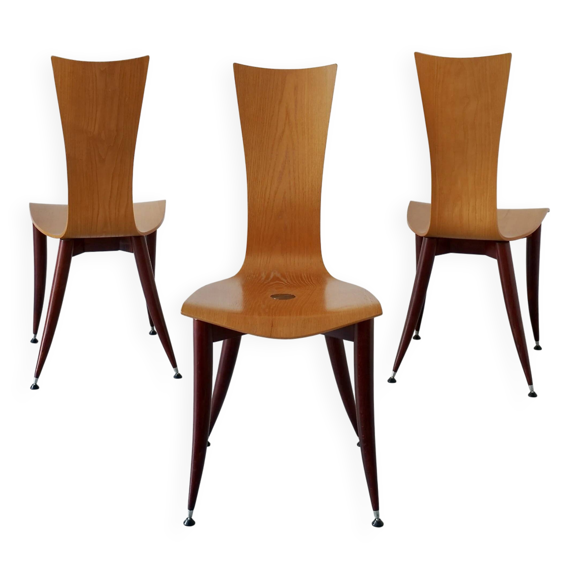 3 plywood chairs with burgundy legs | Italy | 1980s