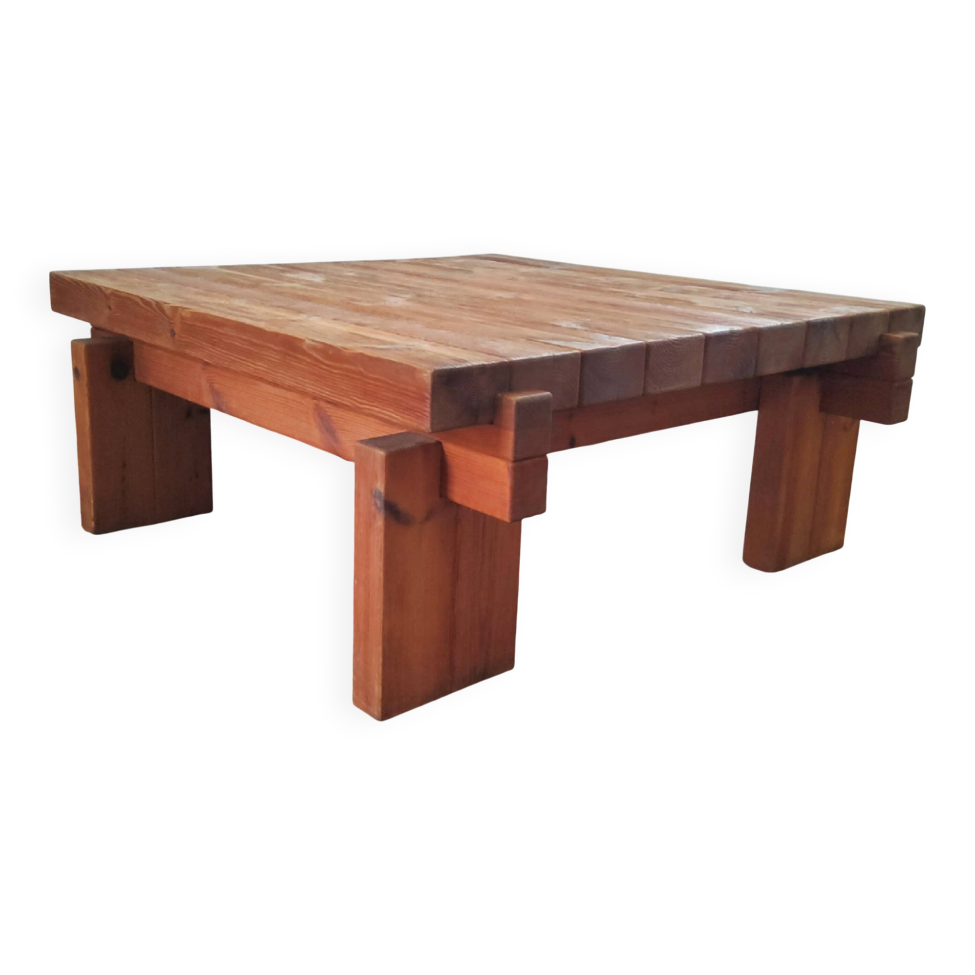 Scandinave table basse brutaliste en pin massif -  1960–1970