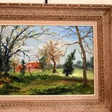 Old painting Oil on canvas Countryside Landscape House Garden Tree N