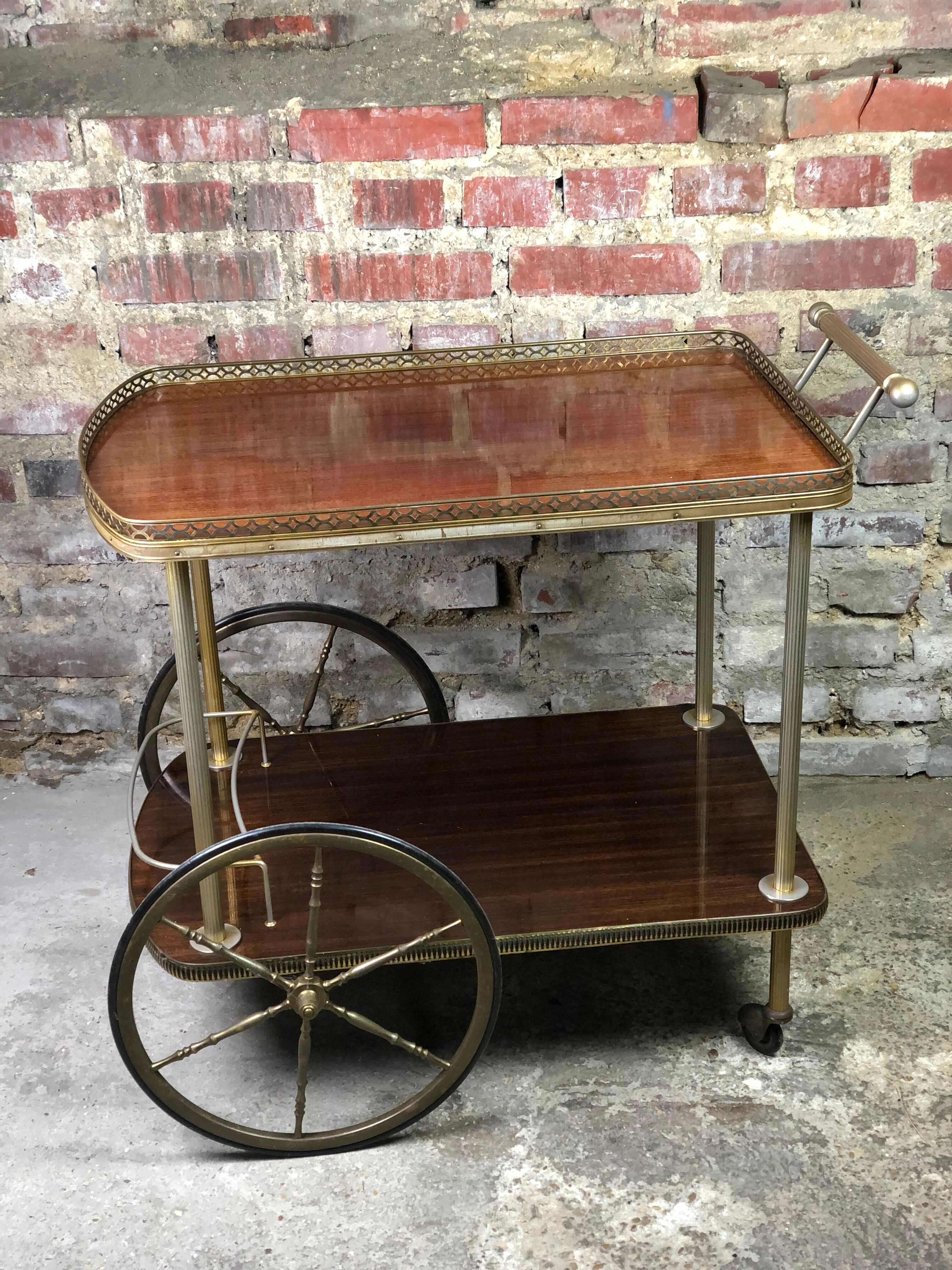 Vintage brass rolling table with 2 trays 70'S
