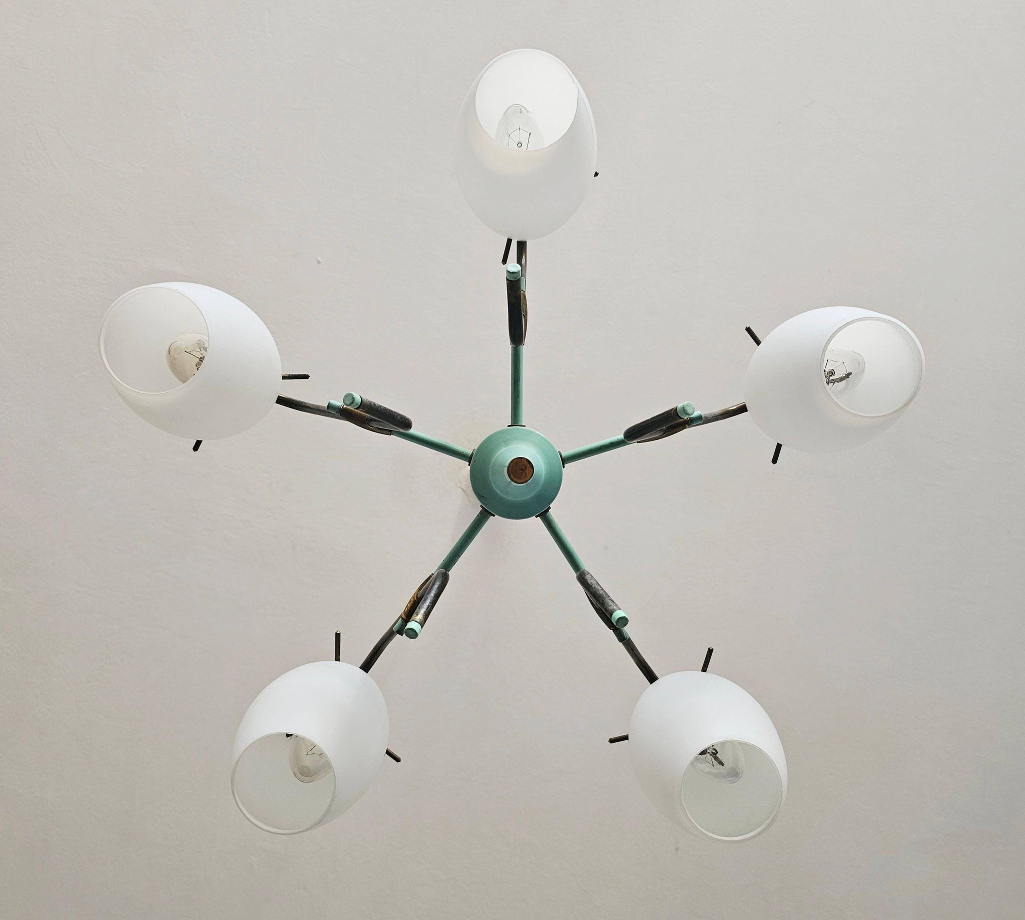 Opaline glass and brass chandelier mid-century Stilux Milano 1950s