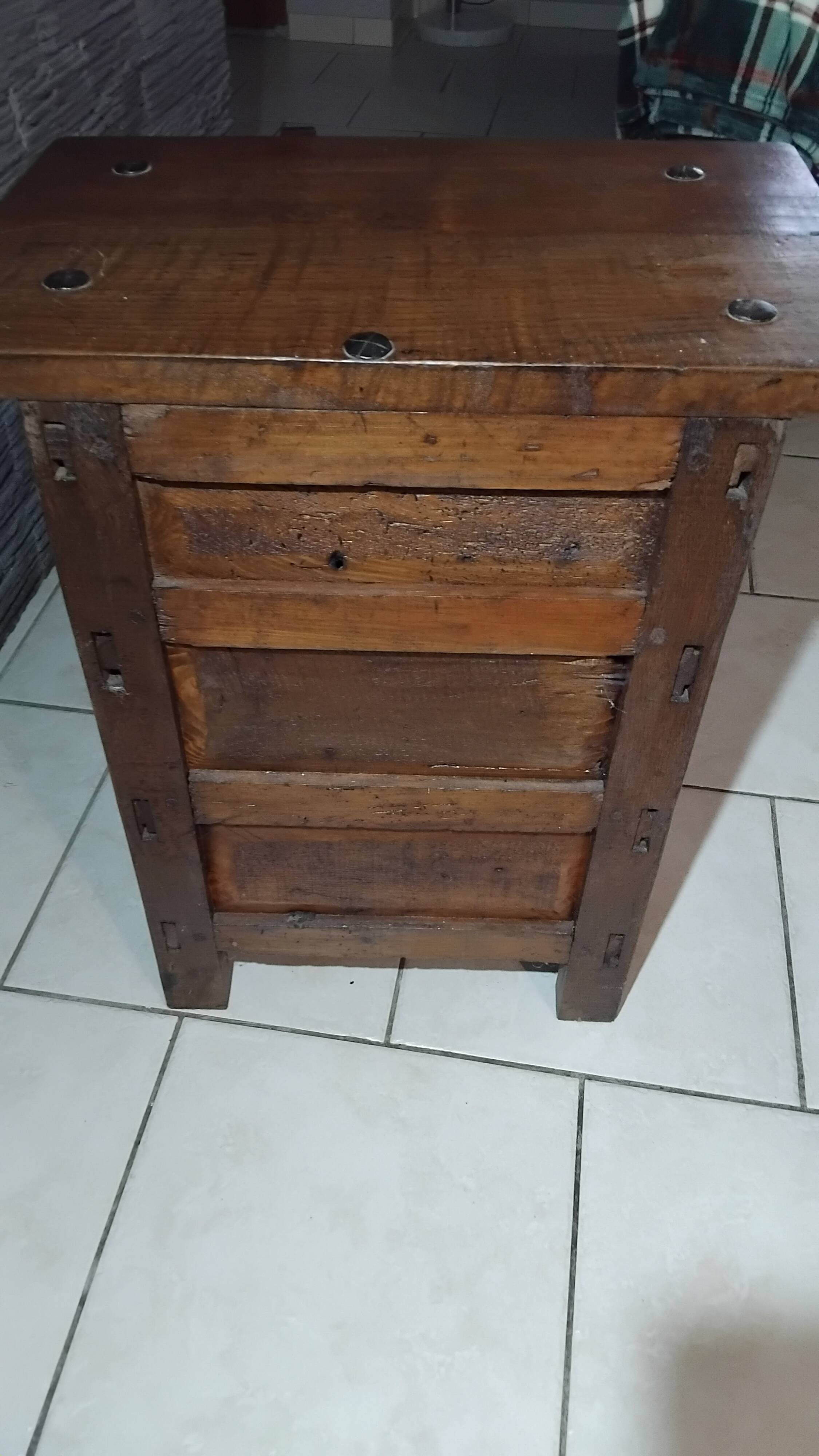 Small vintage brutalist solid oak jam cupboard with wrought iron trim