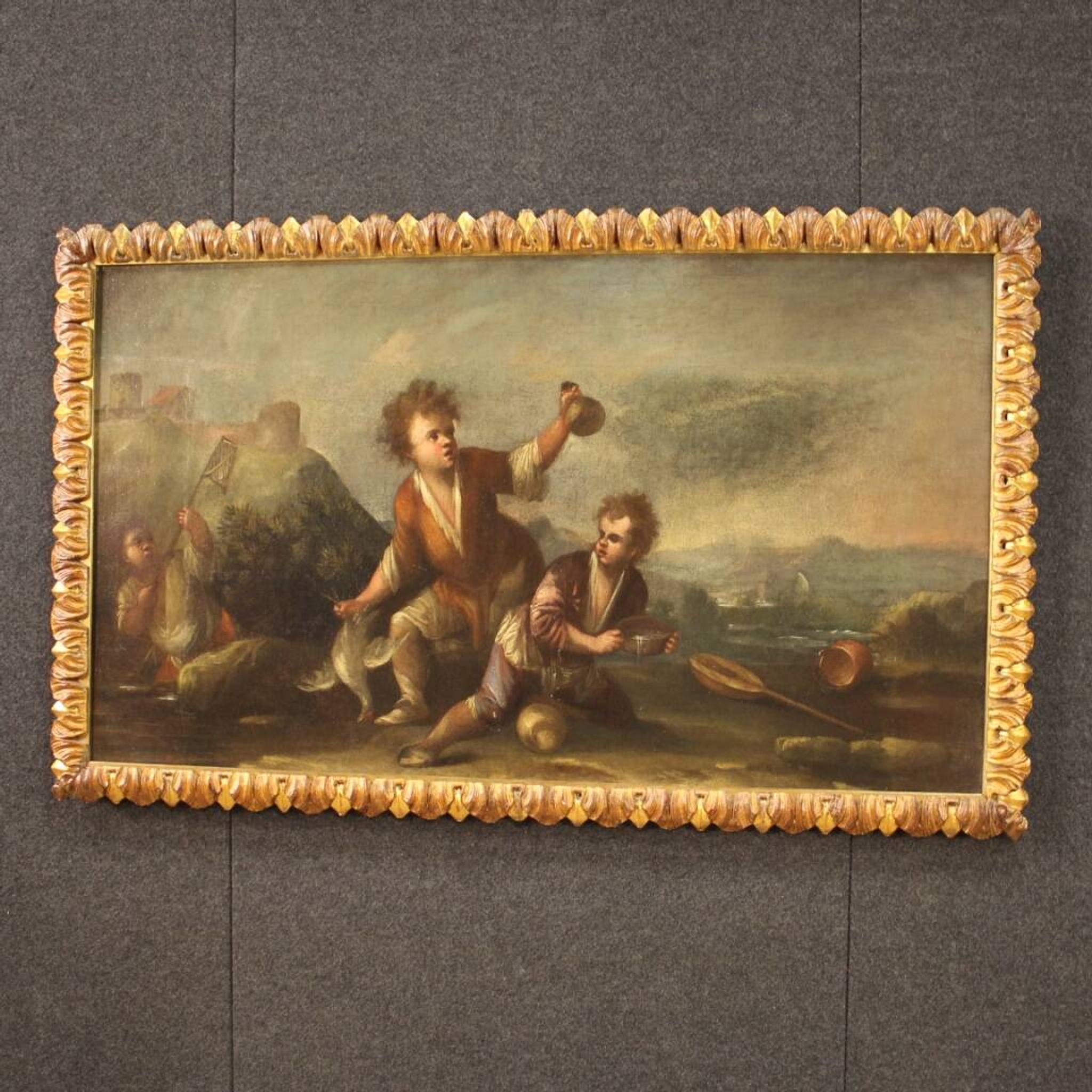 Painting oil on canvas landscape with children from the 18th century