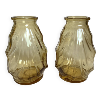 Pair of small yellow moulded glass vases
