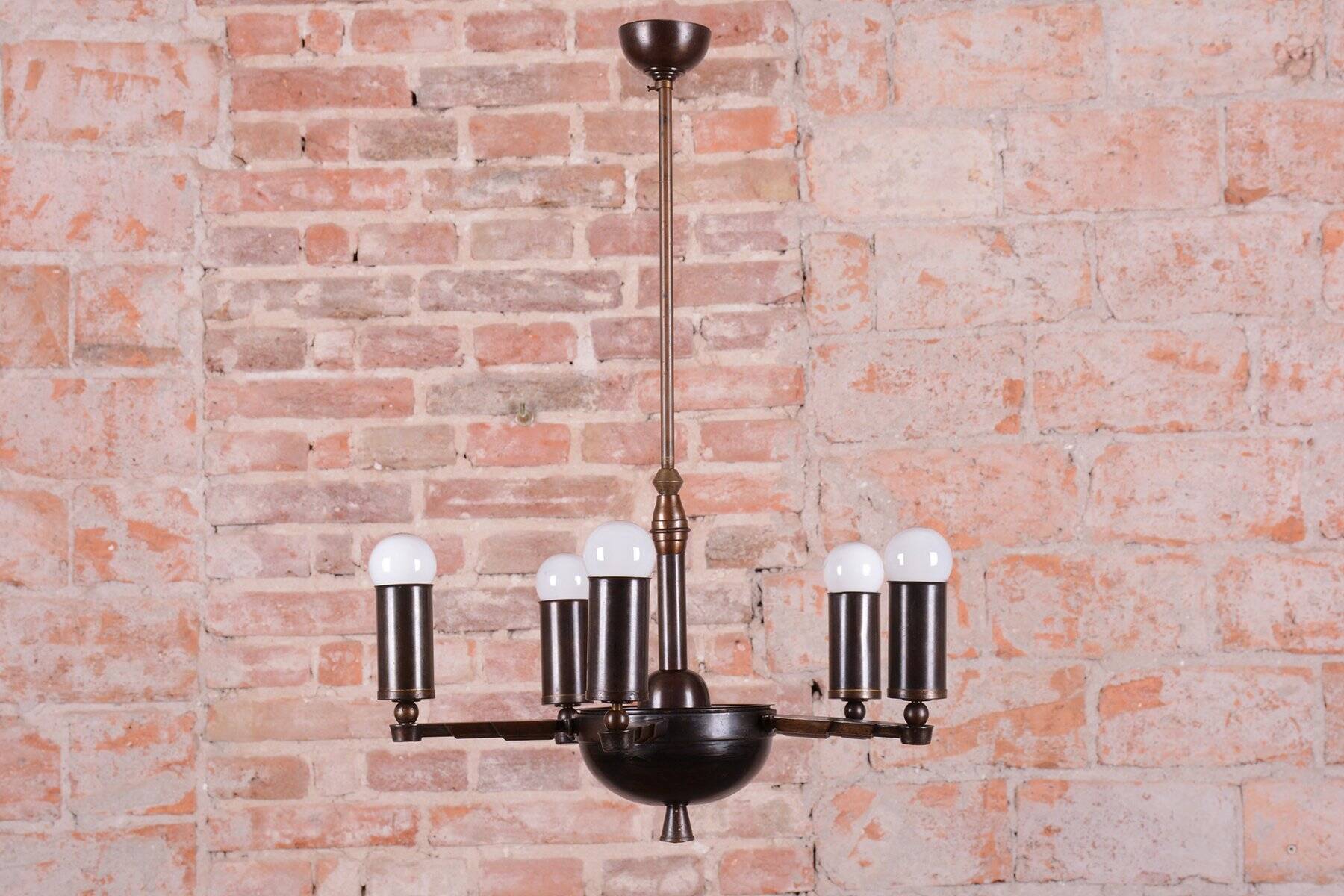 Cubist Chandelier in Brass and Bronze, Czech, 1910s
