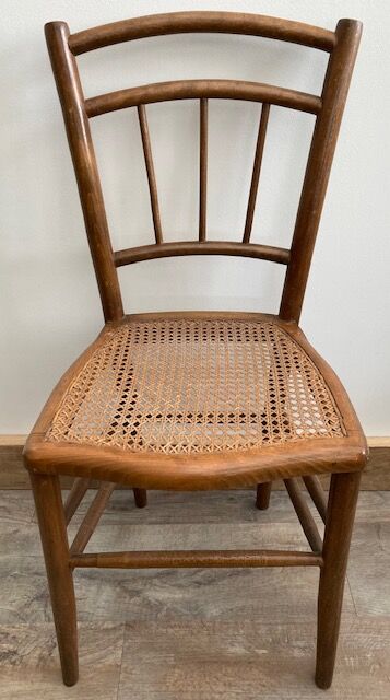 Set of 2 antique wooden bistro chairs canned seats