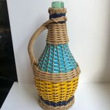 Scoubidou and wicker bottle with yellow and blue handle 70s