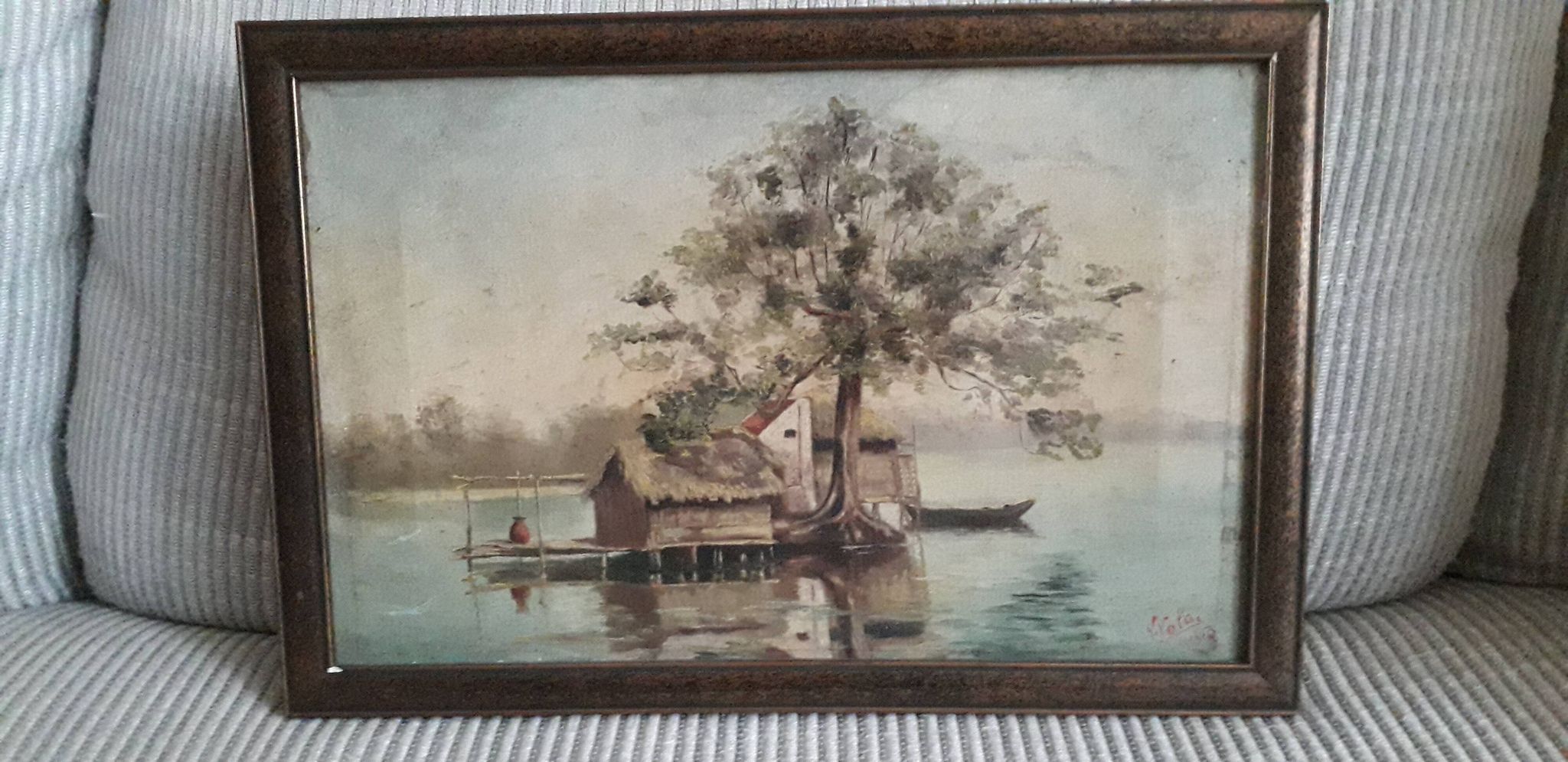 Old oil painting representing a landscape