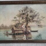 Tableau ancien à l'huile représentant un paysage
