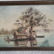 Old oil painting representing a landscape