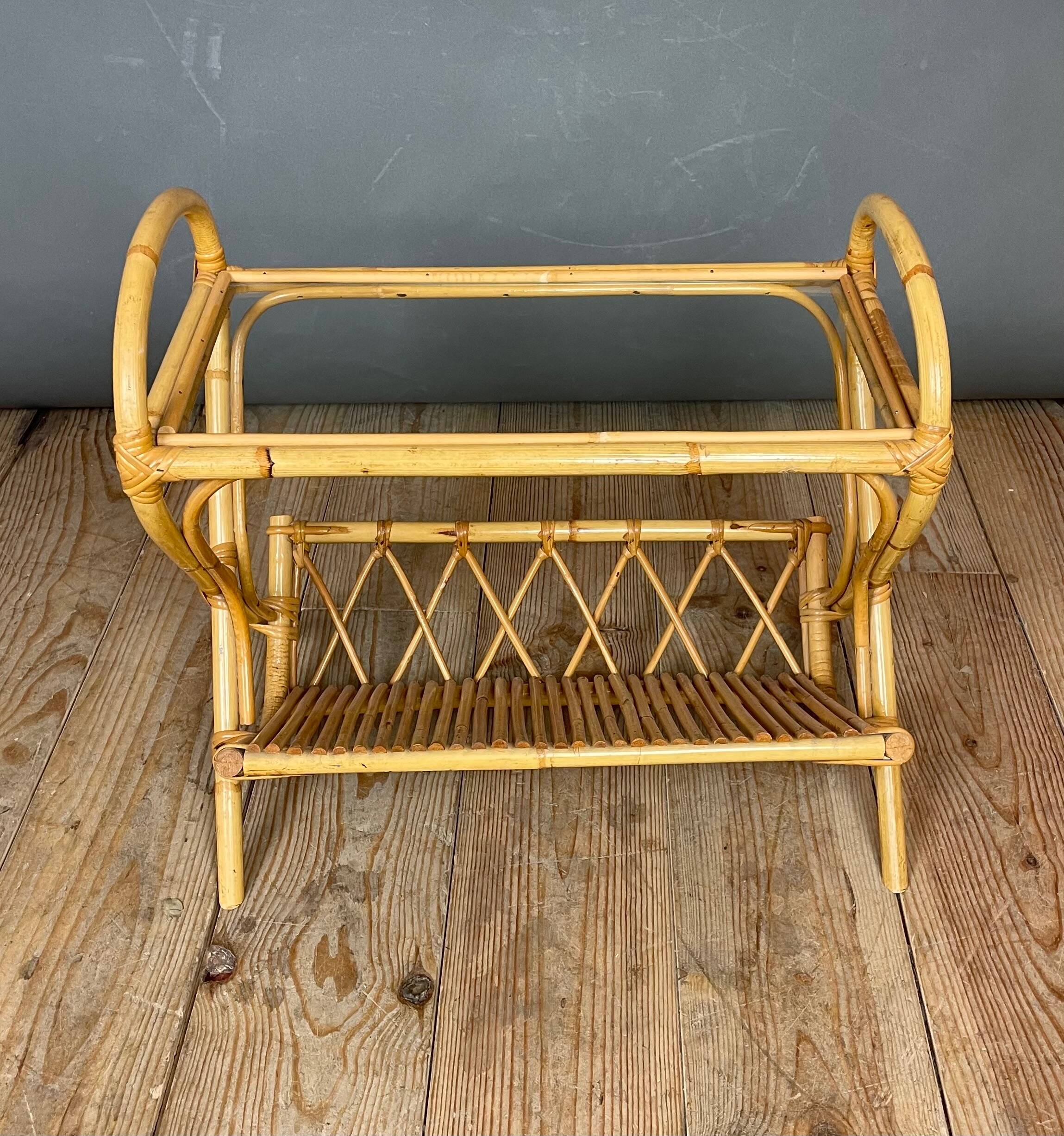 Rattan and glass end table 1960s