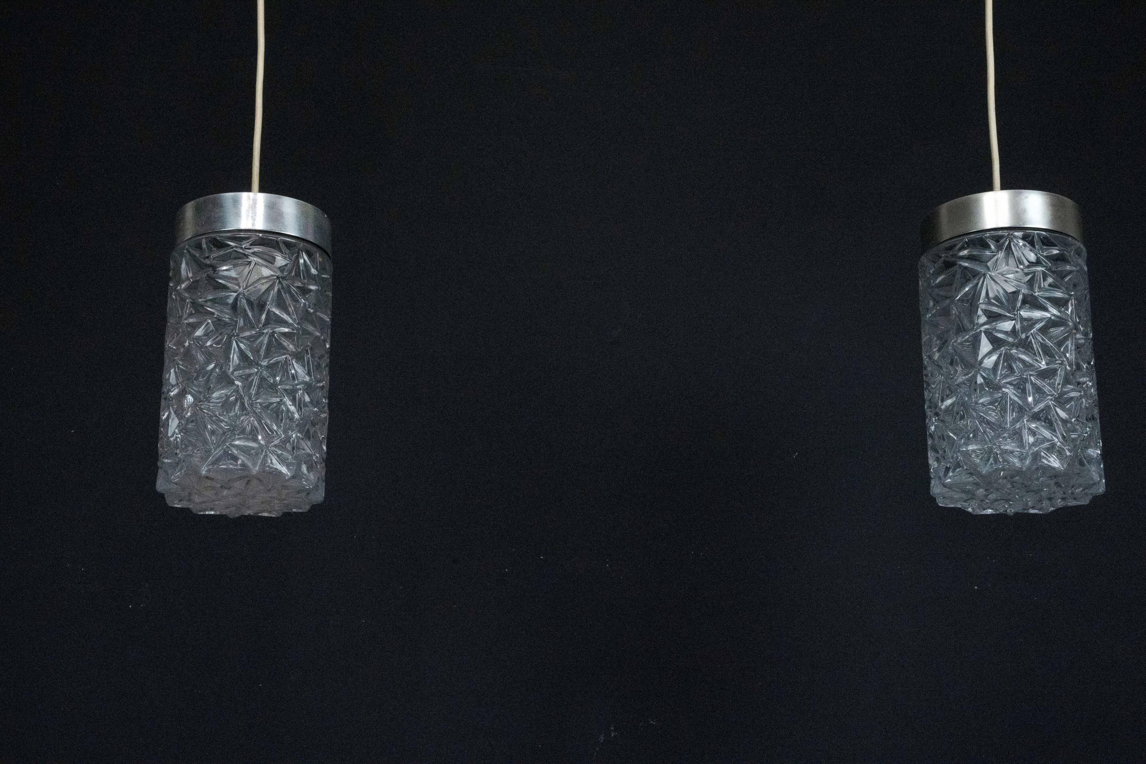 Pair of Italian Pendant Lights in Glass and Polished Aluminum, 1970s