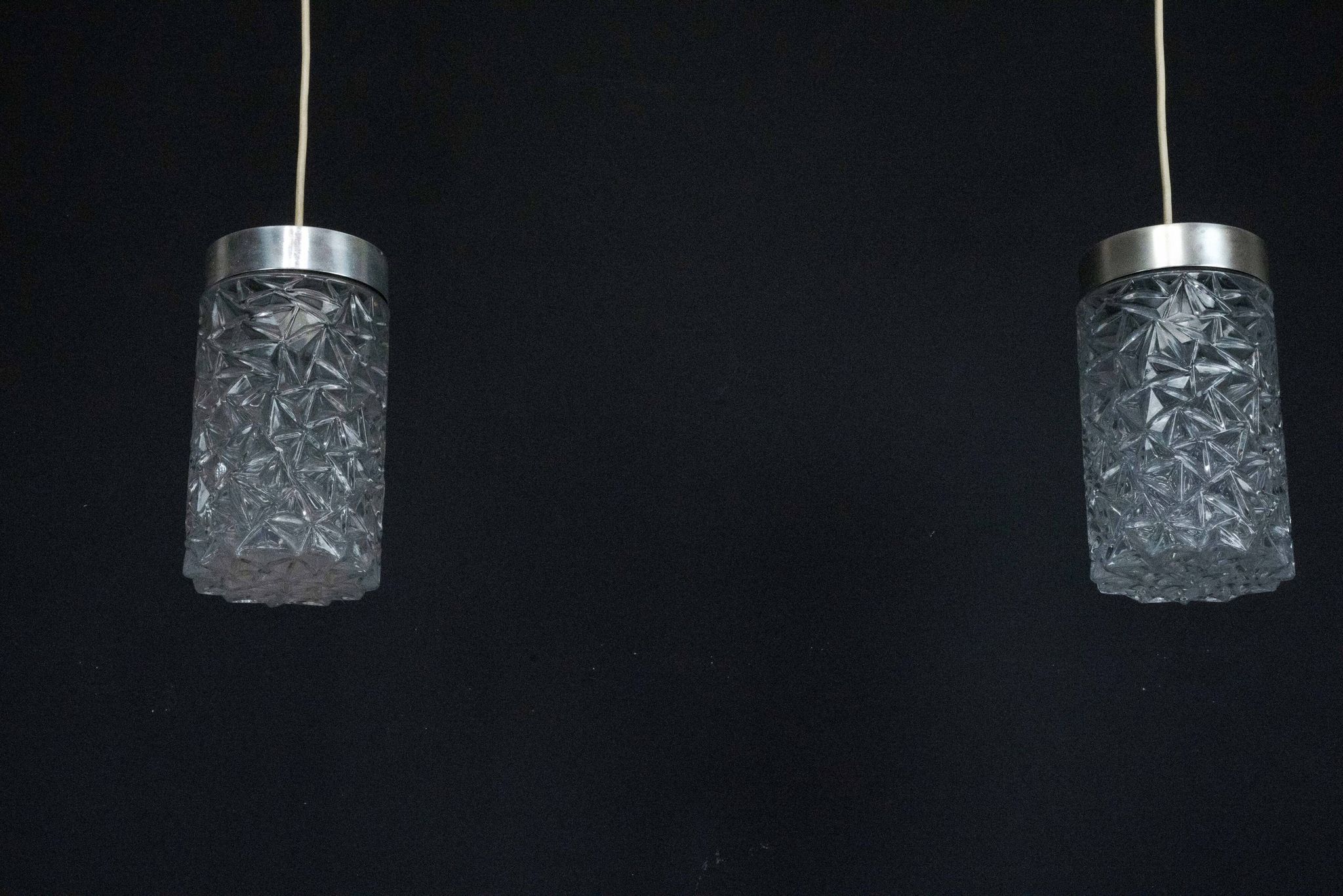 Pair of Italian Pendant Lights in Glass and Polished Aluminum, 1970s