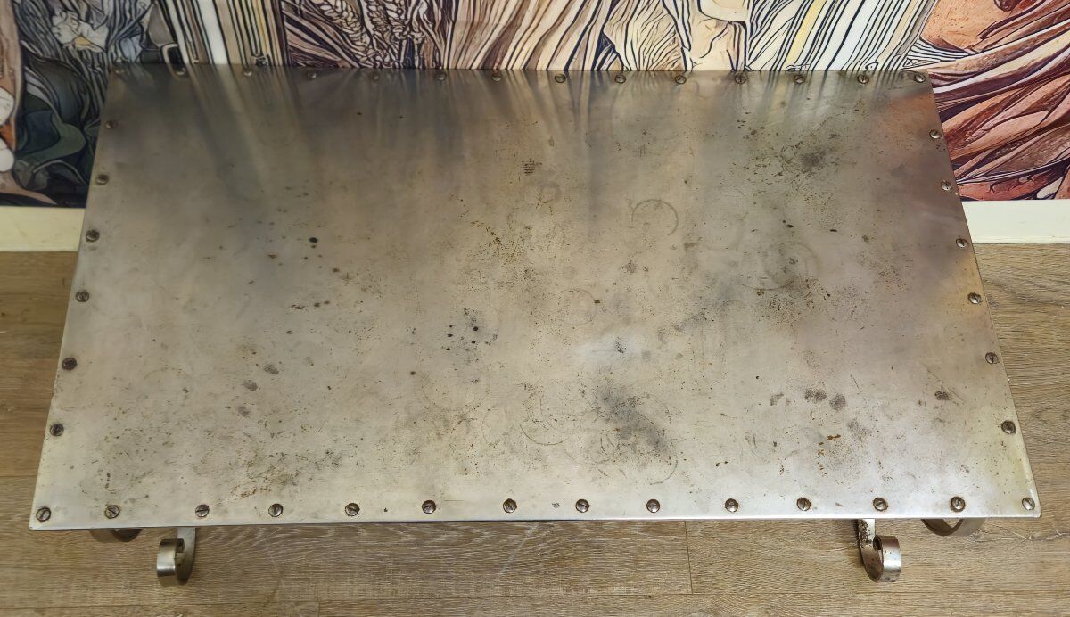 Riveted metal industrial coffee table, Jansen style