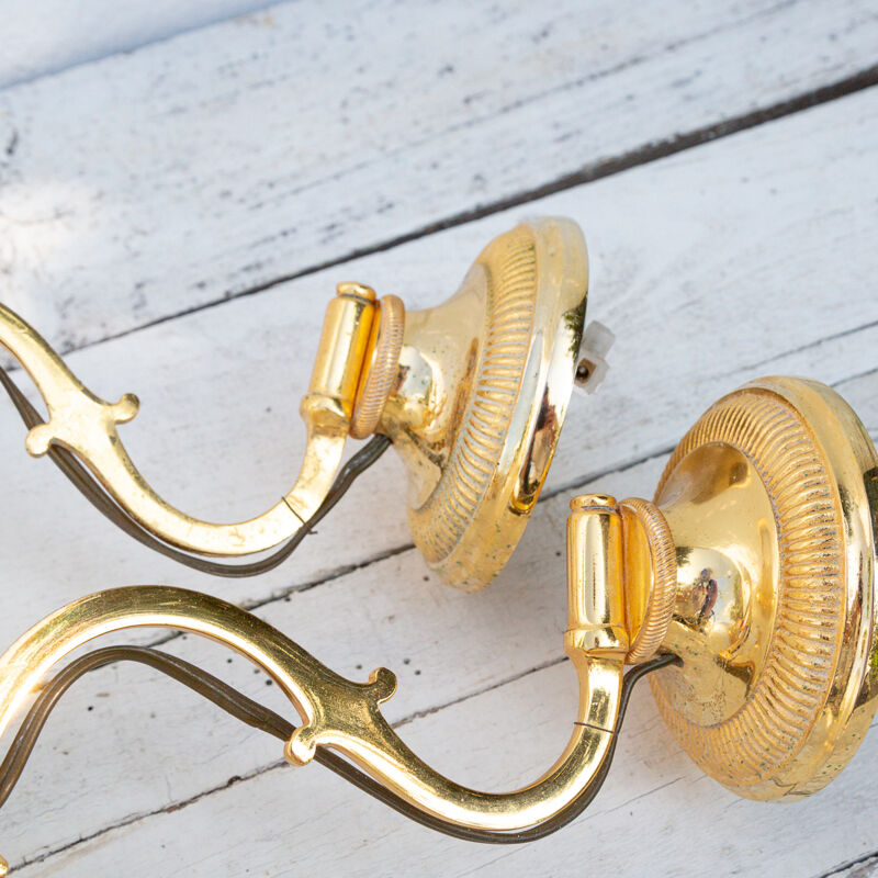2 wall sconces golden metal gooseneck and opaline lampshade