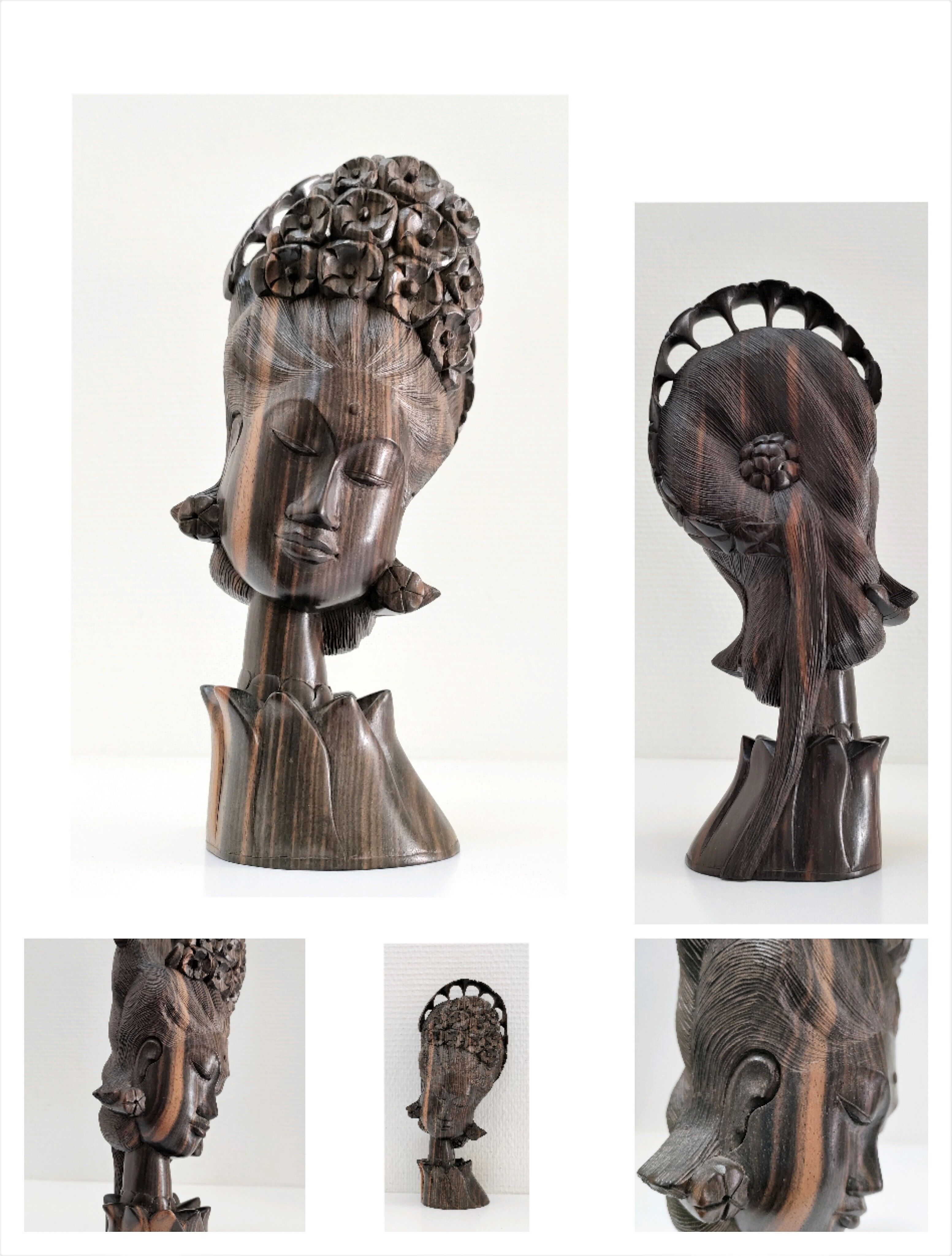 Wooden bust of woman with floral headdress sculptural work of the 60s-70s