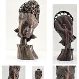 Wooden bust of woman with floral headdress sculptural work of the 60s-70s