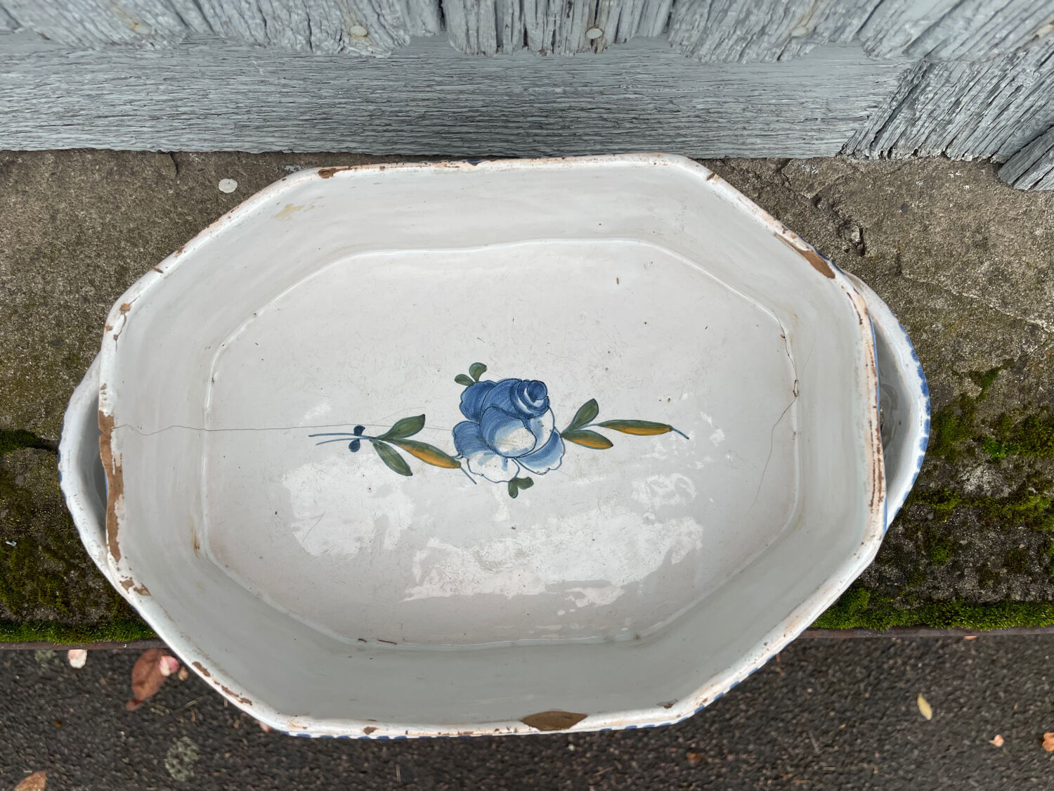 Rouen earthenware planter/cooler with flowers and foliage, 18th century