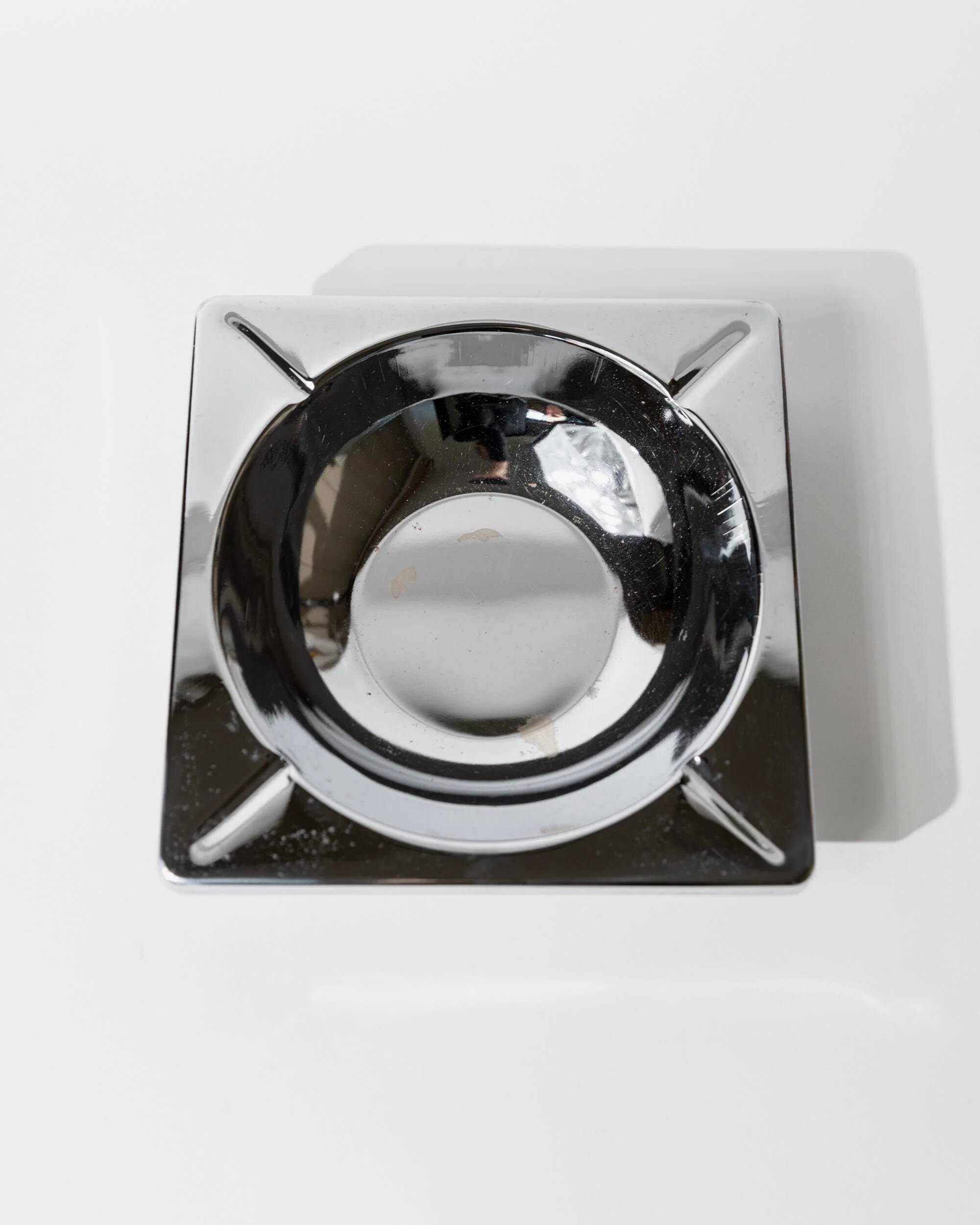 Vintage chrome ashtray from the 1980s, large square, brutalist design.