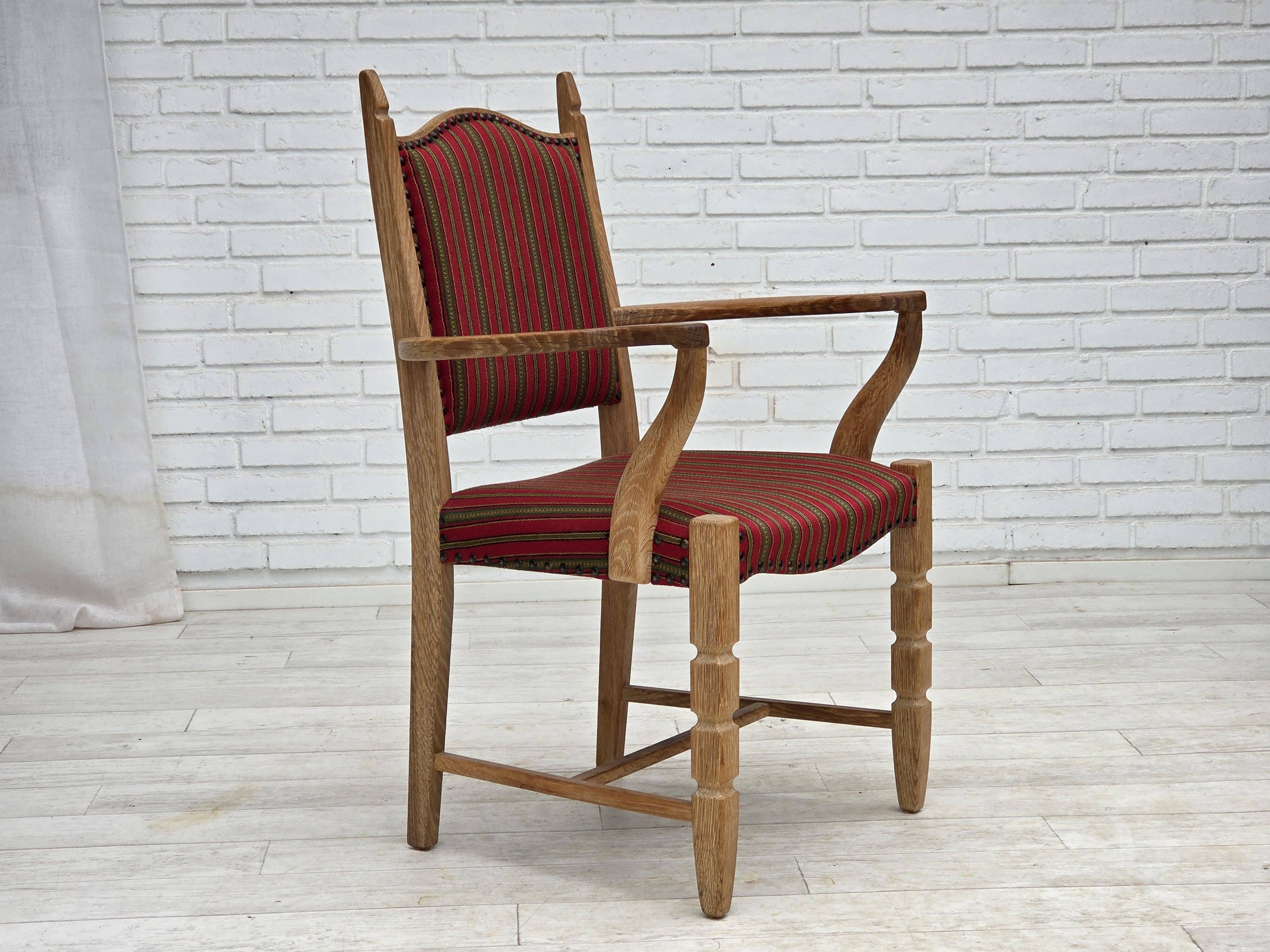 1970s, Danish armchair, striped red furniture wool, solid oak wood.