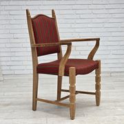 1970s, Danish armchair, striped red furniture wool, solid oak wood.