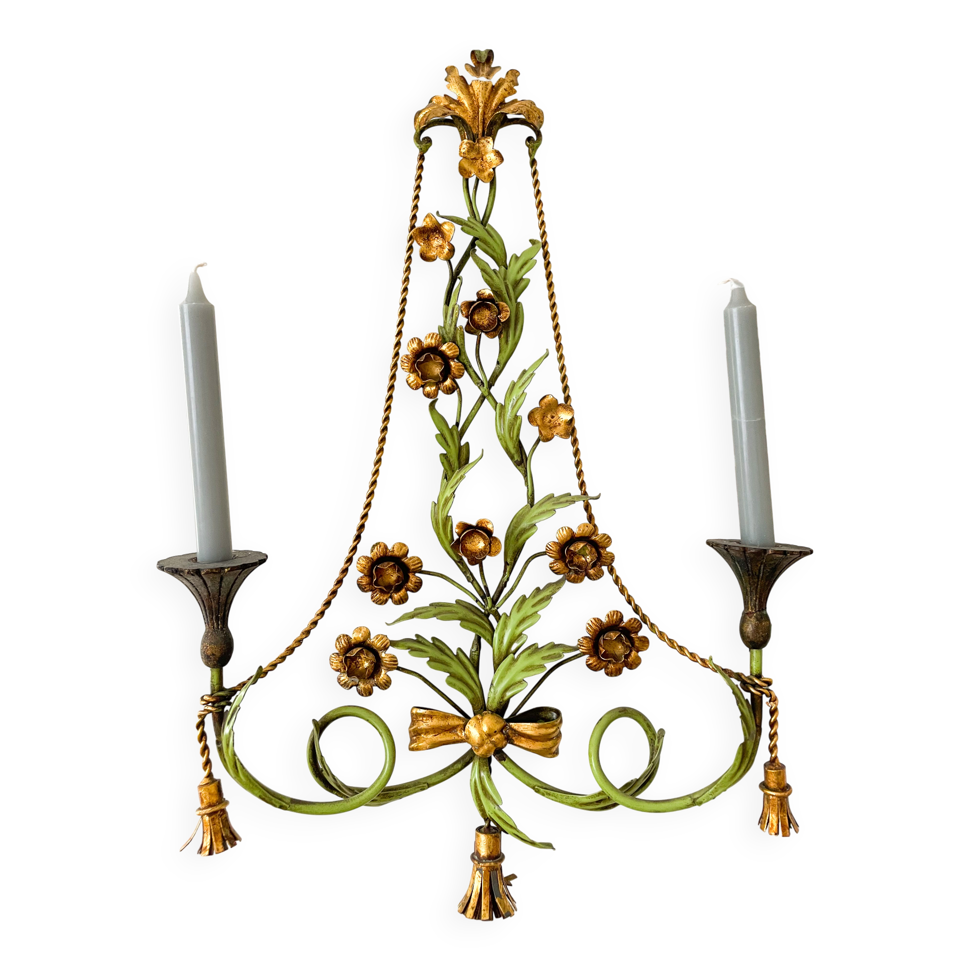Large vintage Italian wall sconce with golden flowers, Florentine style.