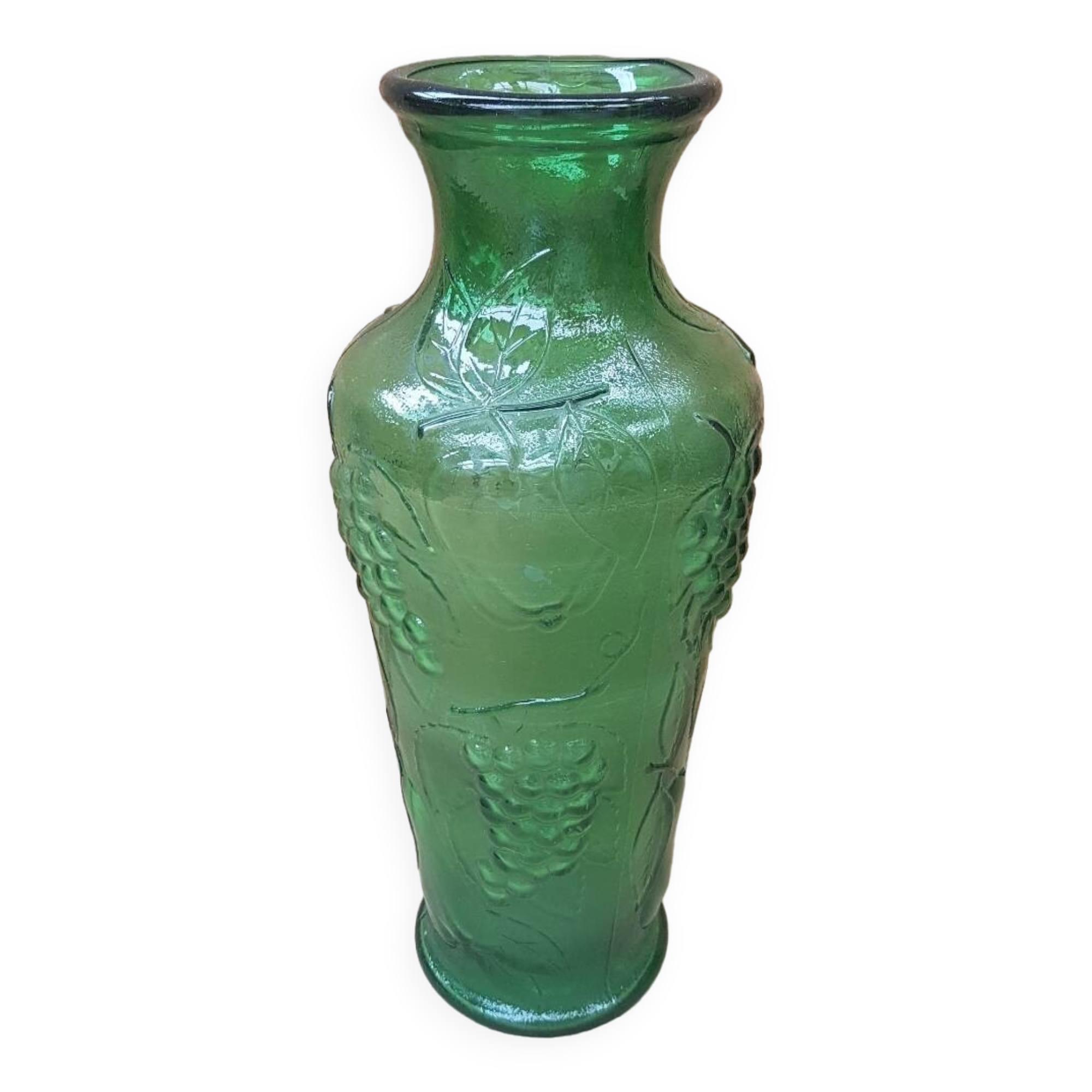 Old green molded glass vase vintage grape cluster decor