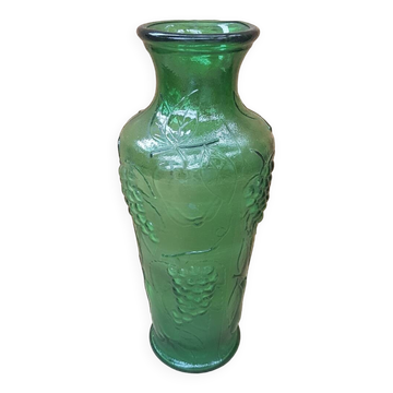 Ancien vase verre moulé vert décor grappe raisin vintage