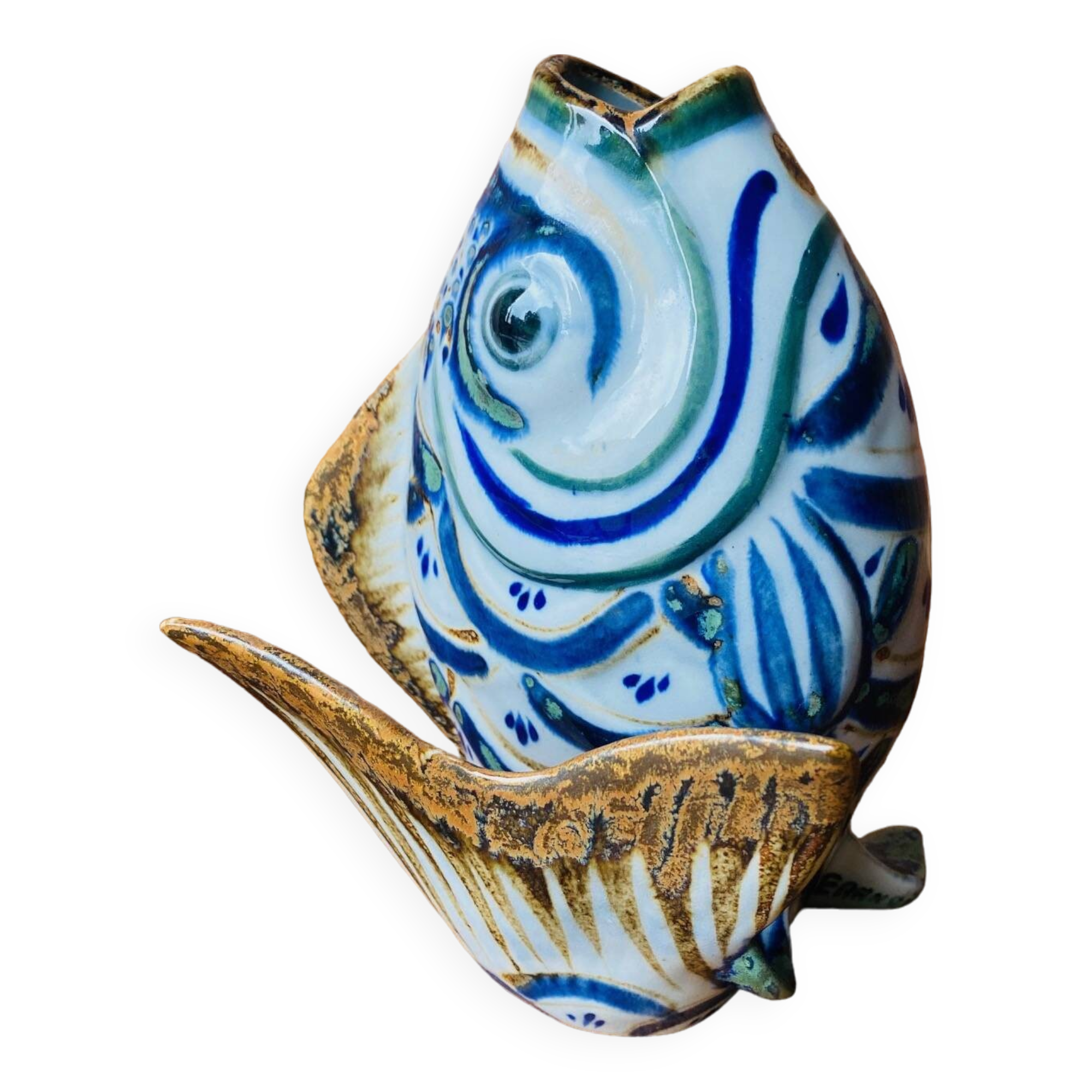 Blue ceramic zoomorphic vase in the shape of a poison.