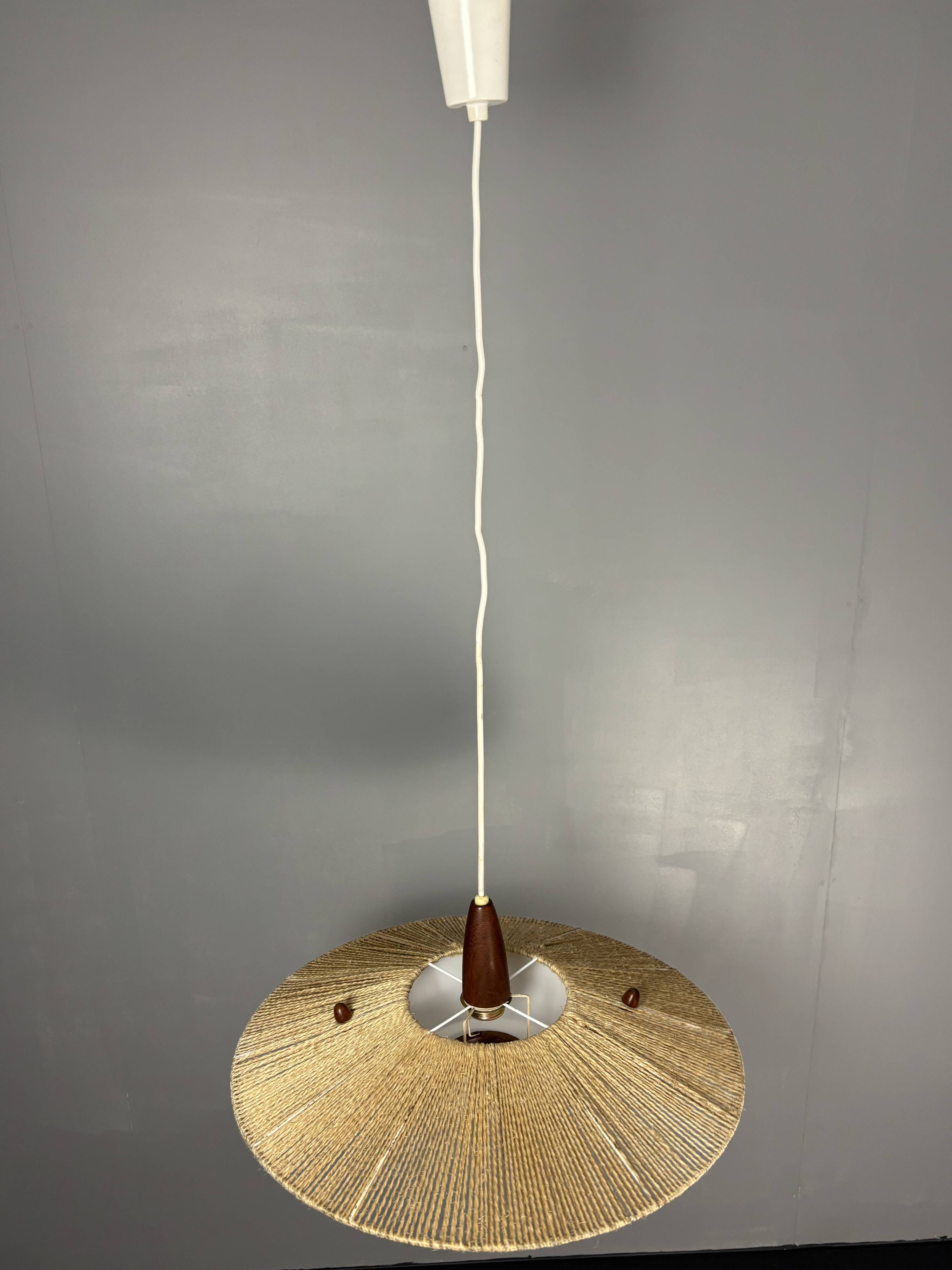 Large Mid-Century Teak and Sisal Cord Hanging Pendant by Temde Leuchten,60s