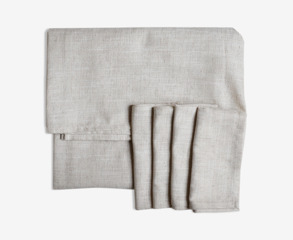Nappe et serviettes en lin upcyclées beiges chinées