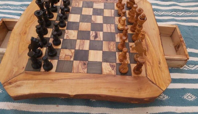 Natural olive wood edge, rustic chessboard